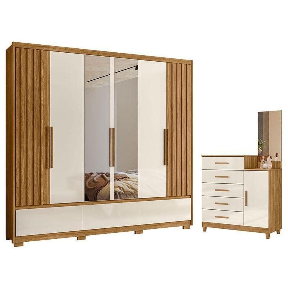 Guarda Roupa Casal Amazonas E Cômoda Lisboa Freijó Off White Com Espelho - Moval