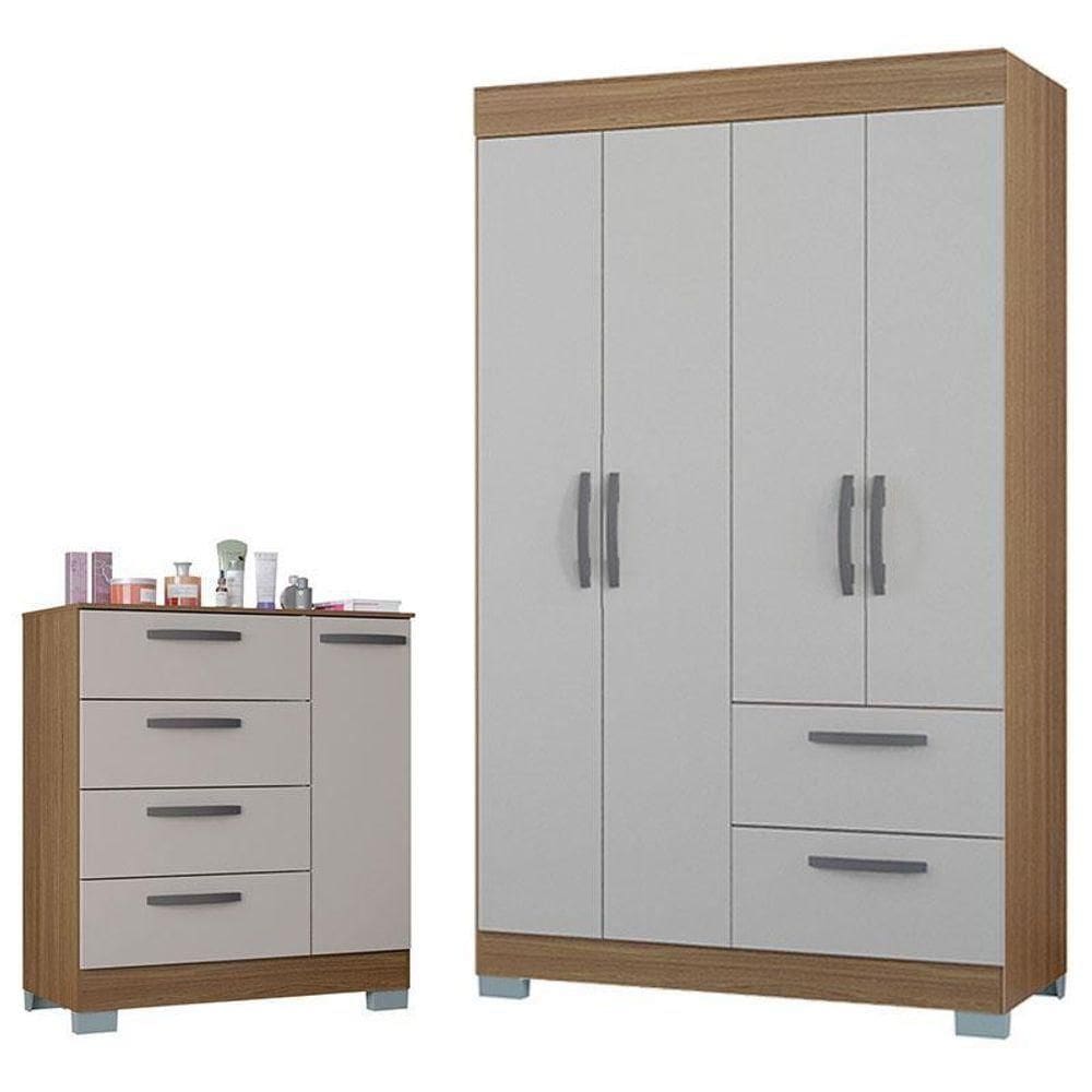 Cômoda 868 4 Gavetas E 1 Porta Com Guarda Roupa Solteiro Tóquio 4 Portas Castanho Off White - Poquema