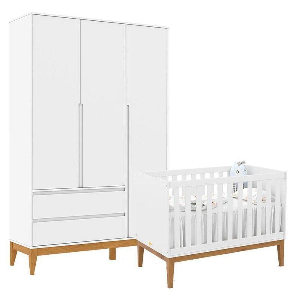 Berço Americano Unique E Guarda Roupa 3 Portas Nature Clean Branco Soft Eco Wood – Matic