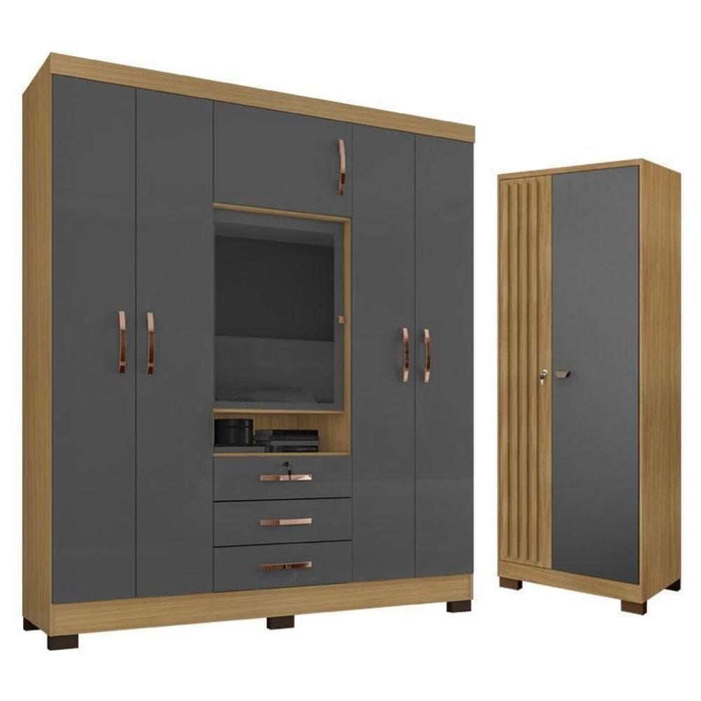 Guarda Roupa Casal Imperial Com Armário Multiuso Versátile Carvalho Americano Grafite – Incorplac