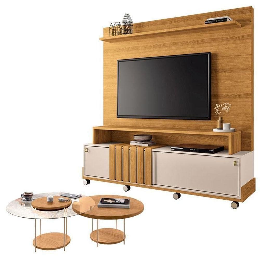 Estante Home Theater Bold Off White Cinamomo E Kit Mesa De Centro Sky Cinamomo – Hb Móveis