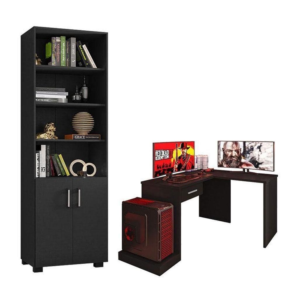 Mesa Para Computador Gamer Drx 9000 Com Extensora E Livreiro Office Com Portas Pequenas Preto Trama - Móveis Leão