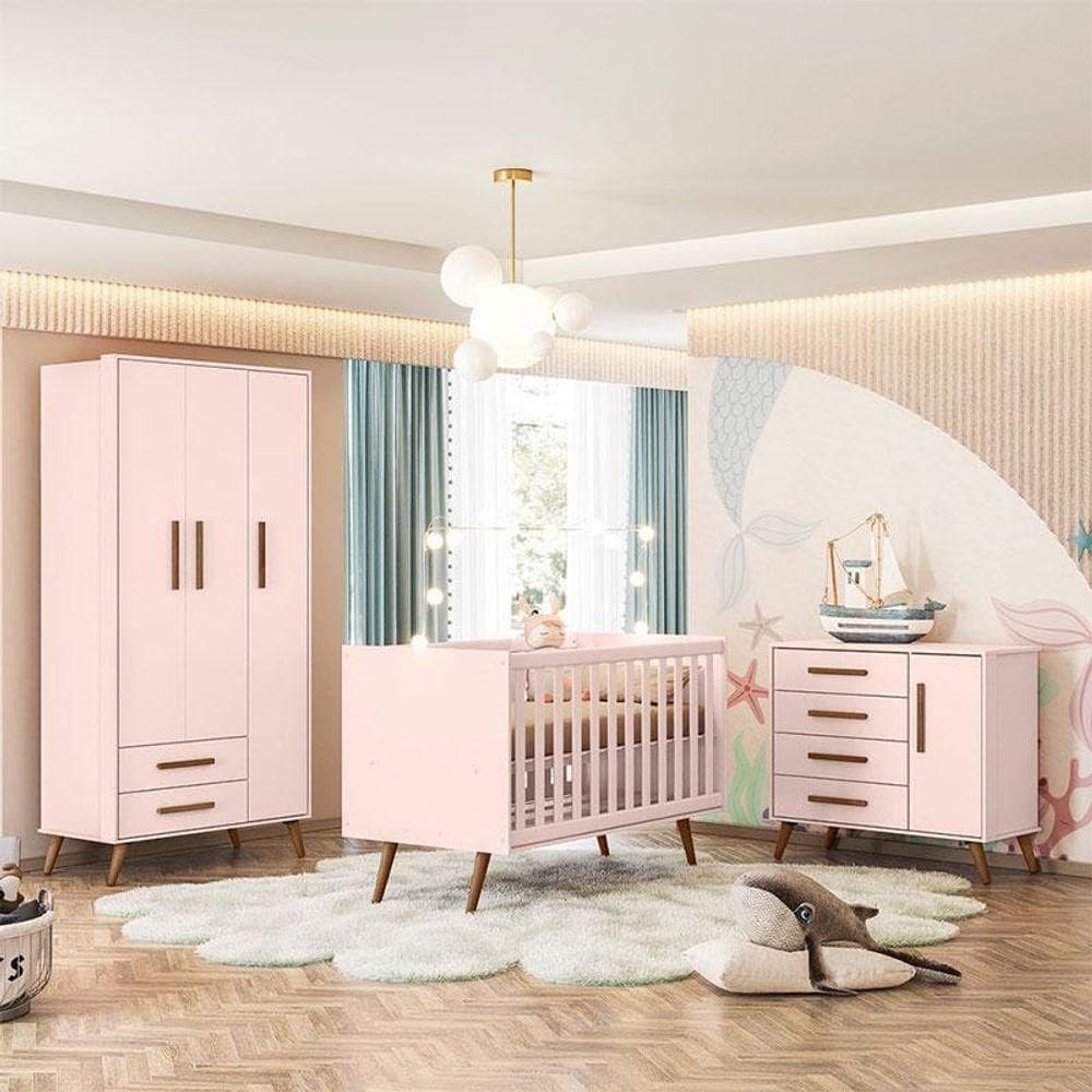 Quarto De Bebê Ambiente Retrô Rosa - Qmovi