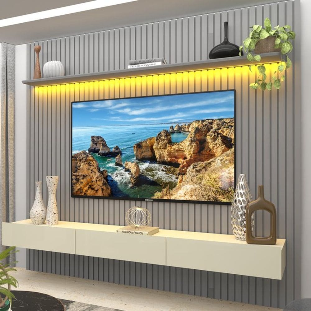 Painel para TV até 90 Polegadas 229x250cm Ripado com LED 3 Gavetas 100% MDF Cinza/Off White