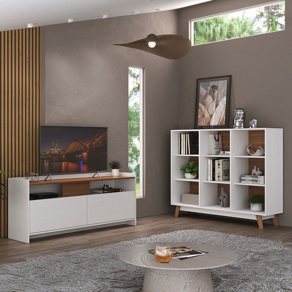 Sala de Estar Completa 2 Portas 6 Prateleiras Branco/Nogal Cj-040 - Hecol Móveis