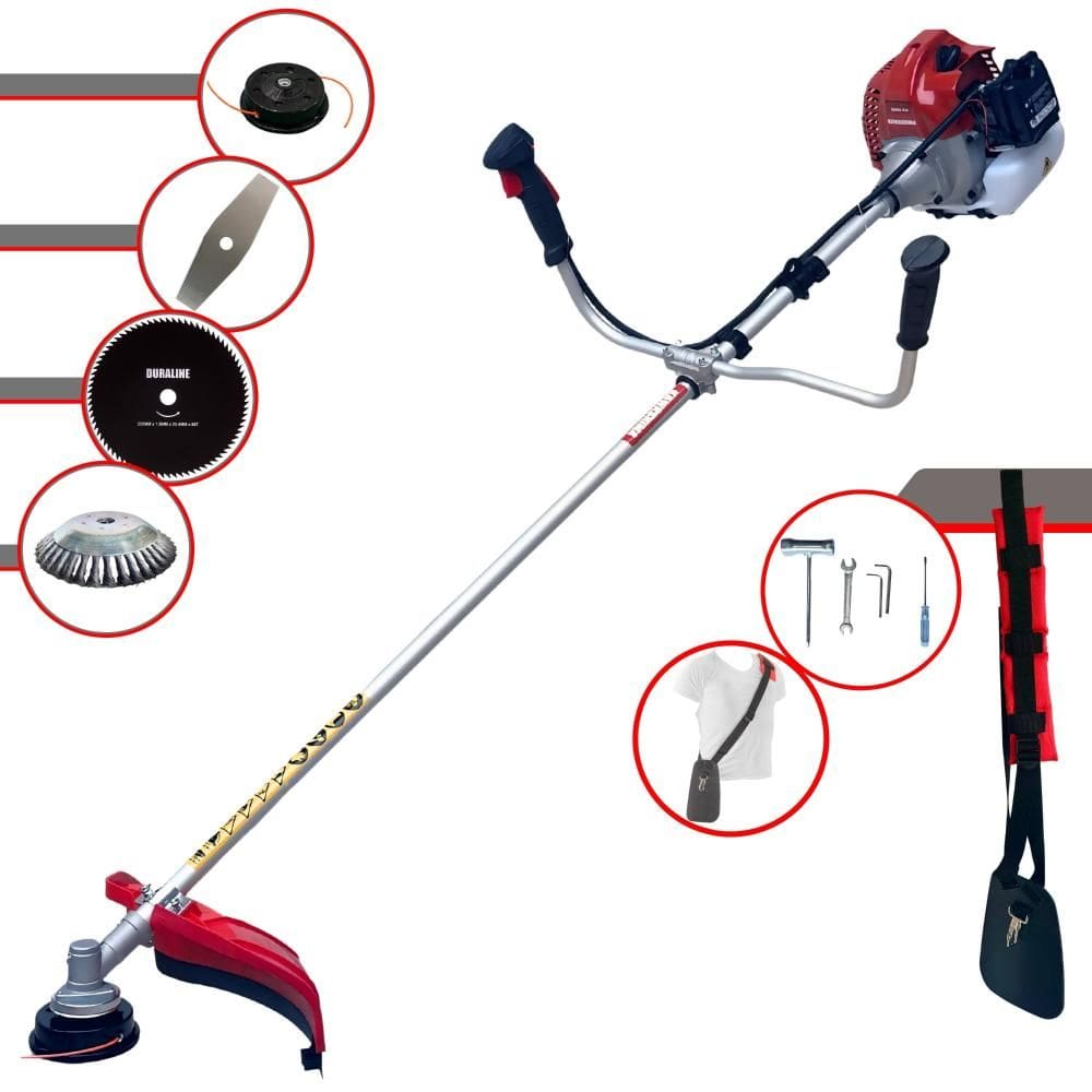 Roçadeira Profissional Kawashima BCJ431L À Gasolina 43cc 10.000rpm 1,7HP 4 Opções de Corte Com Faca 2 Pontas, Faca 80 Dentes, Escova de Aço e Carretel