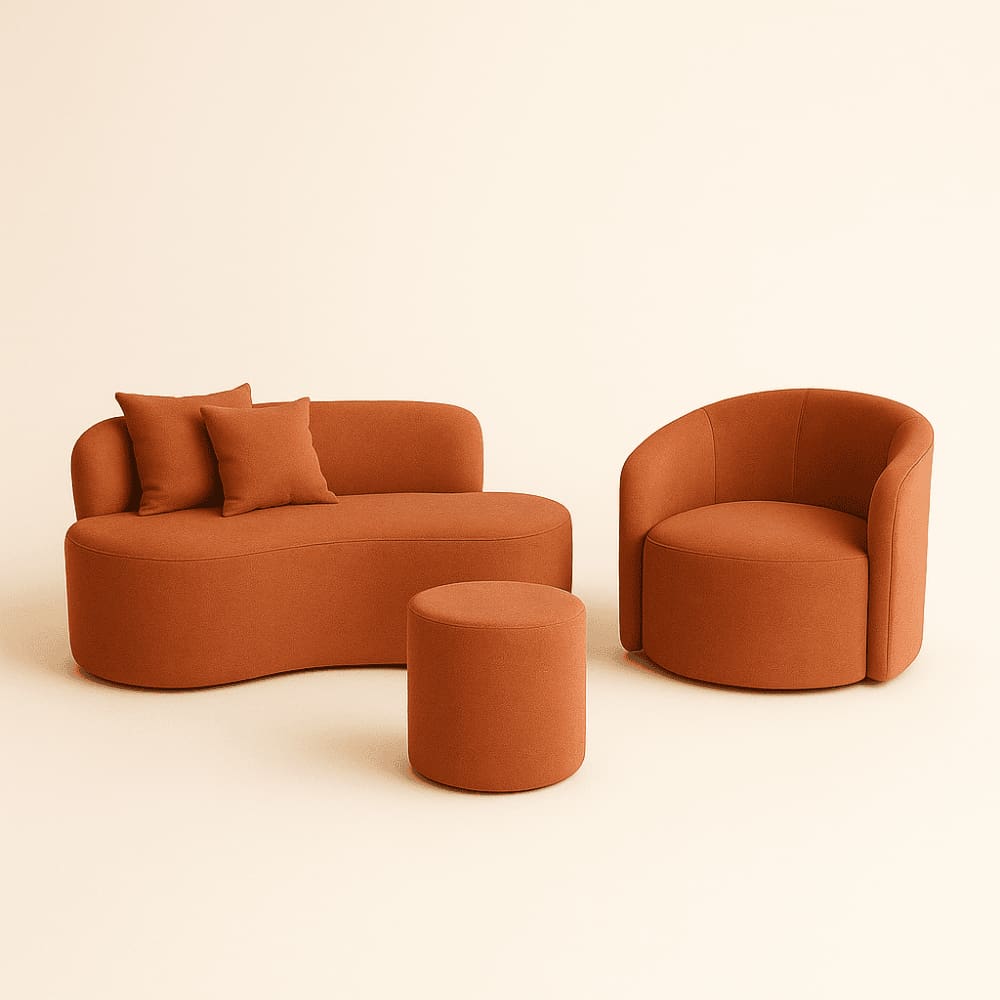 Conjunto 01 Poltrona + Sofá e 1 Puff Curvo Orgânico Nature Gaia Suede Terracota - Montanaris Decor