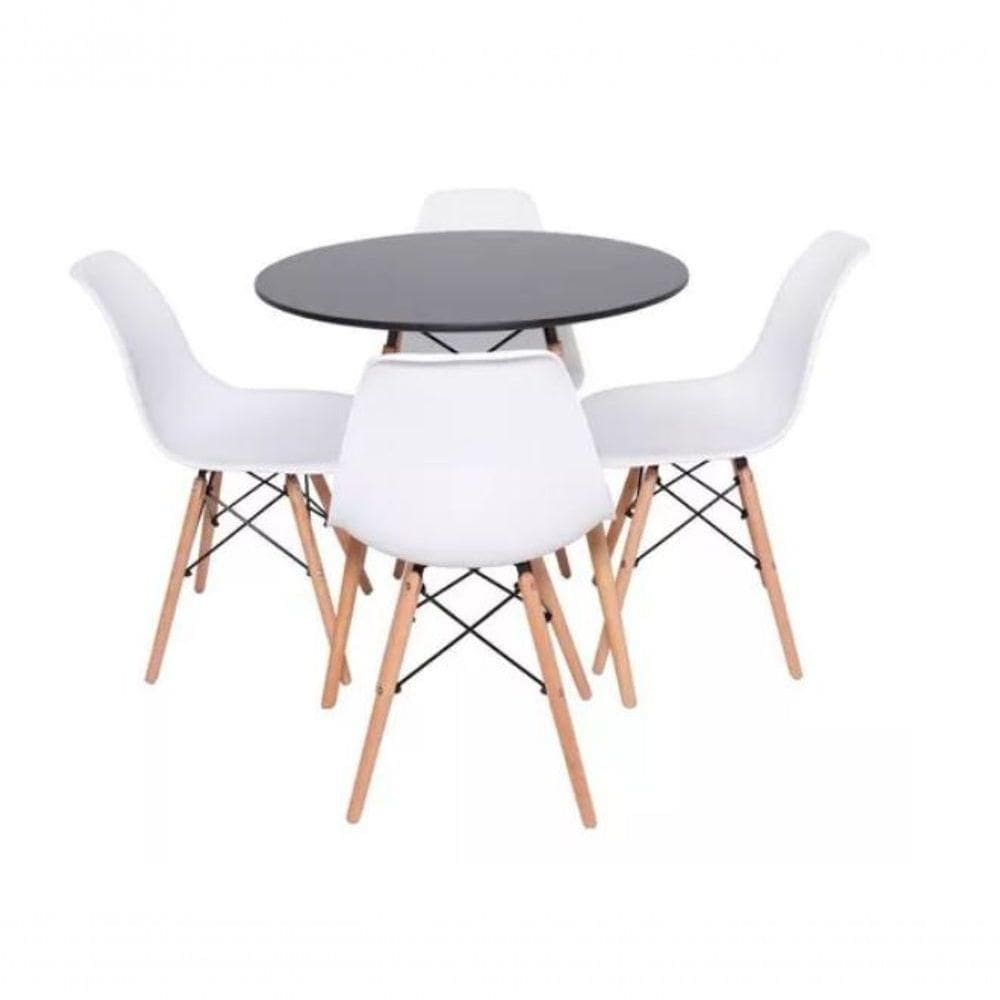 Conjunto De Mesa De Jantar Eames Eiffel Redonda 120cm Tampo De Madeira Preto Com 4 Cadeiras Brancas