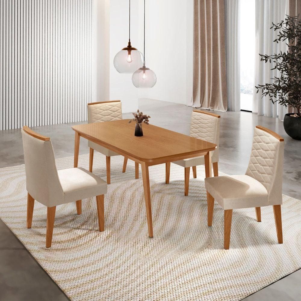 Mesa De Jantar Copper 120cm Tampo Mdf Com 4 Cadeiras Eloise Veludo Creme/naturalle/naturalle