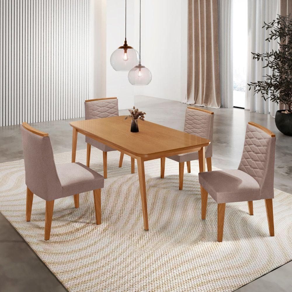 Mesa De Jantar Copper 120cm Tampo Mdf Com 4 Cadeiras Eloise Linho Capuccino//