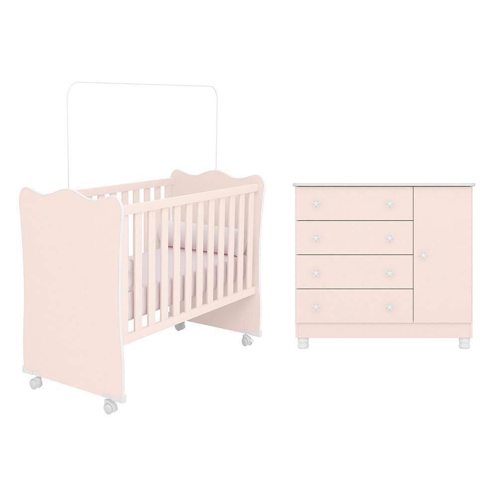 Jogo De Quarto Infantil Doce Sonho Cômoda 1 Porta E Berço Rosa Acetinado Com Rodízio - Qmovi Rosa Acetinado