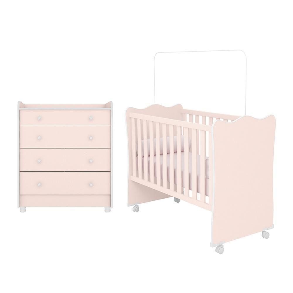 Jogo De Quarto Infantil Doce Sonho Cômoda Trocador E Berço Rosa Acetinado Com Rodízio - Qmovi Rosa Acetinado