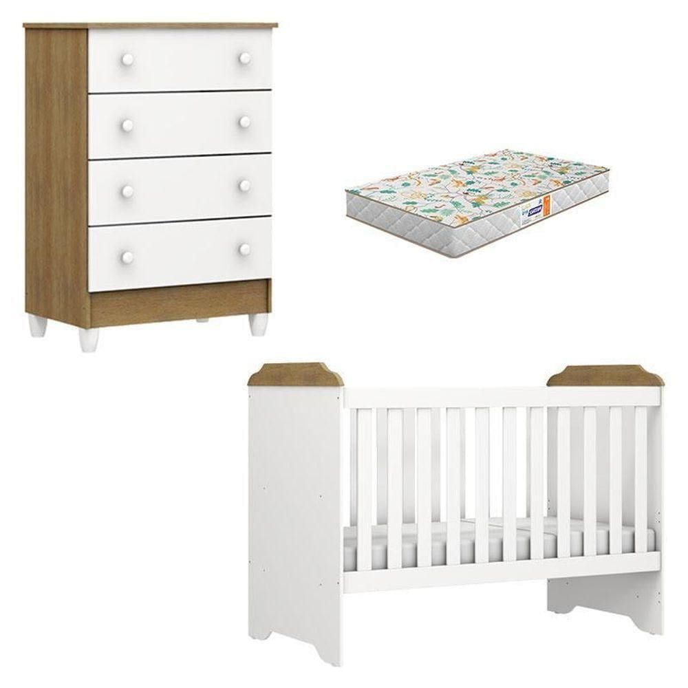 Berço Americano Mini Cama E Cômoda Mel Flat Branco Acetinado Amadeirado Com Colchão Gazin - Carolina