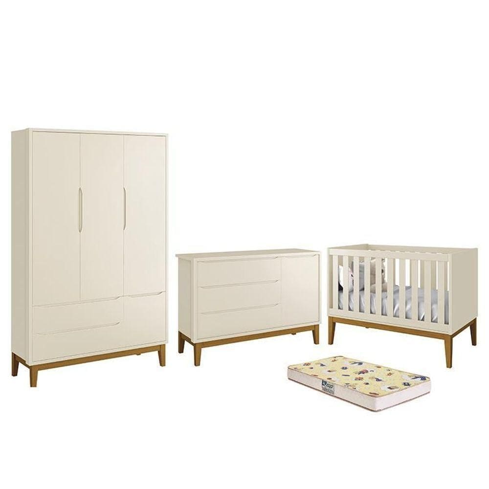 Dormitório Infantil Classic 3 Portas, Cômoda 1 Porta, Berço Areia Fosco Com Pés Amadeirado E Colchão D18 - Reller Móveis Areia Fosco