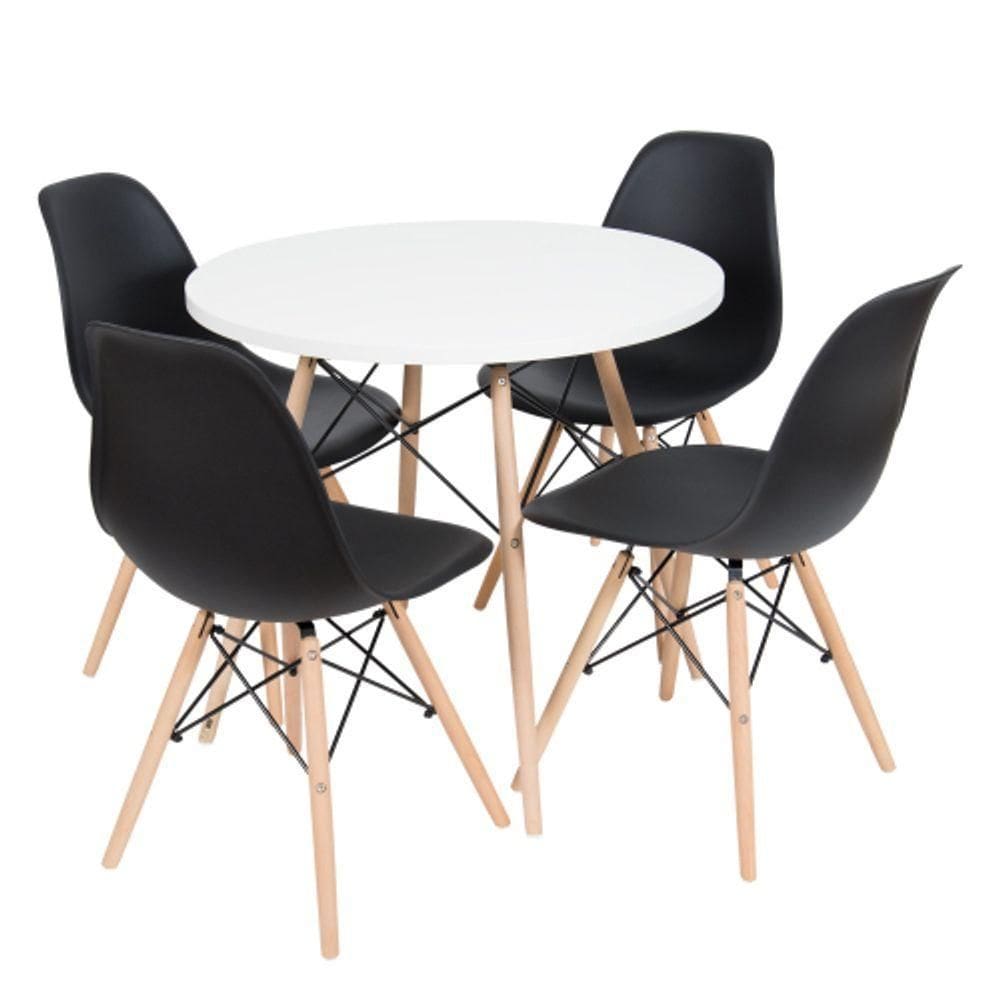 Conjunto Kit 4 Cadeiras Eiffel Eames Preta + 1 Mesa Eames 80cm Branca Base Madeira Sala Cozinha