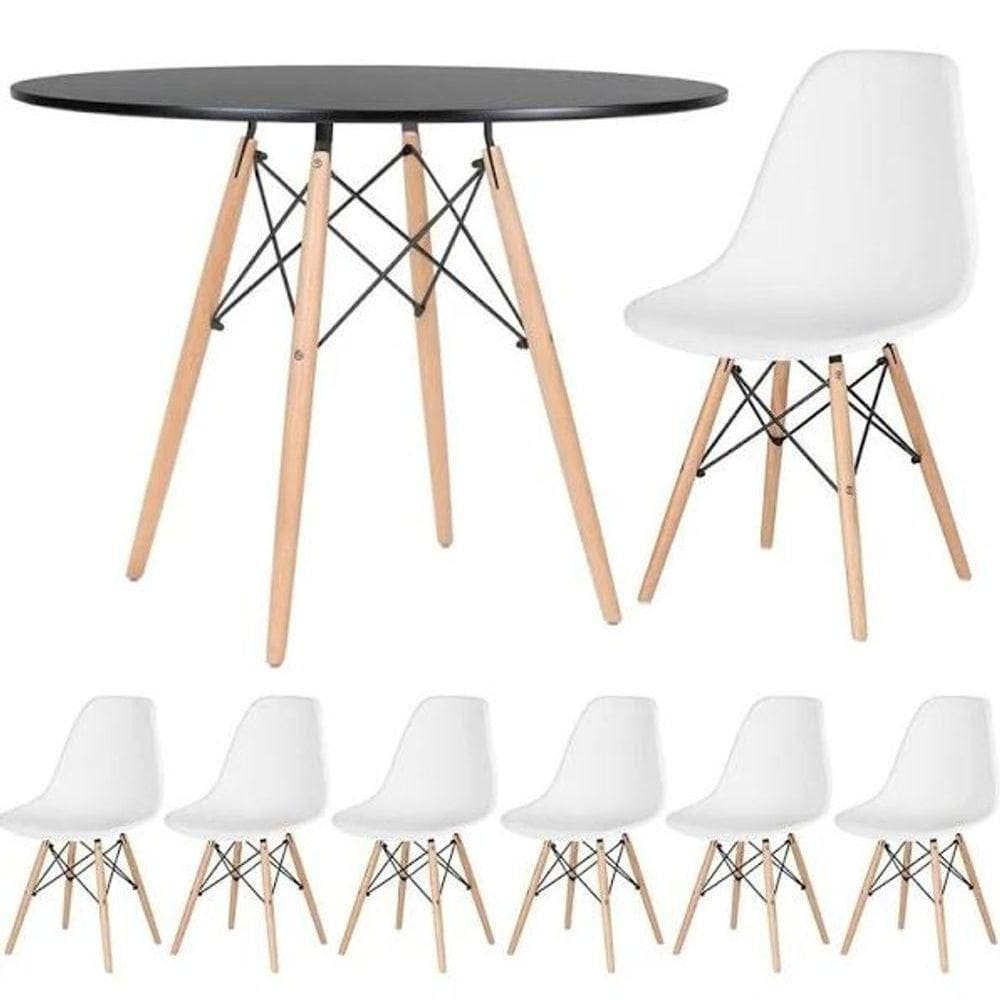 Conjunto De Mesa De Jantar Eames Eiffel Redonda 120cm Tampo De Madeira Preto Com 6 Cadeiras Brancas