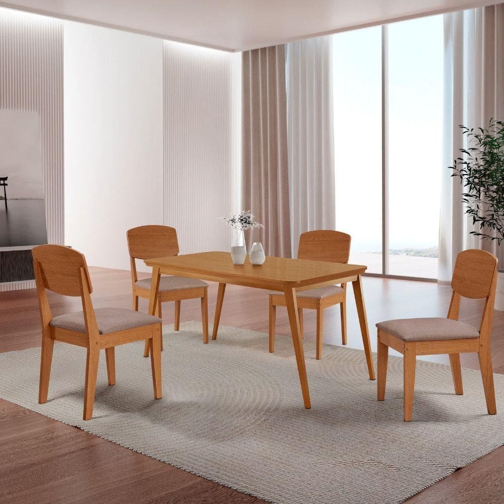 Mesa De Jantar Copper 120cm Tampo Mdf Com 4 Cadeiras Moderna Linho Capuccino//