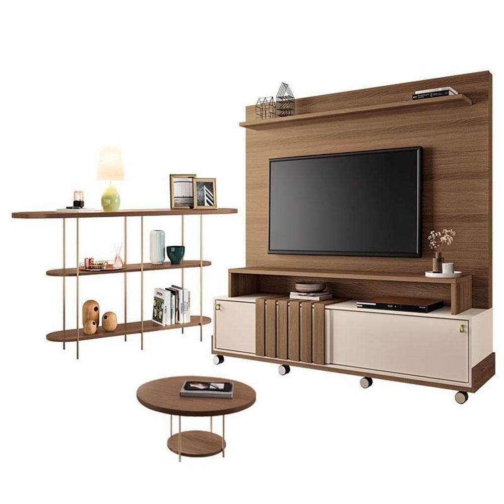 Estante Home Theater Bold Off White Castanho E Aparador Infinity E Mesa De Centro Sky Castanho – Hb Móveis