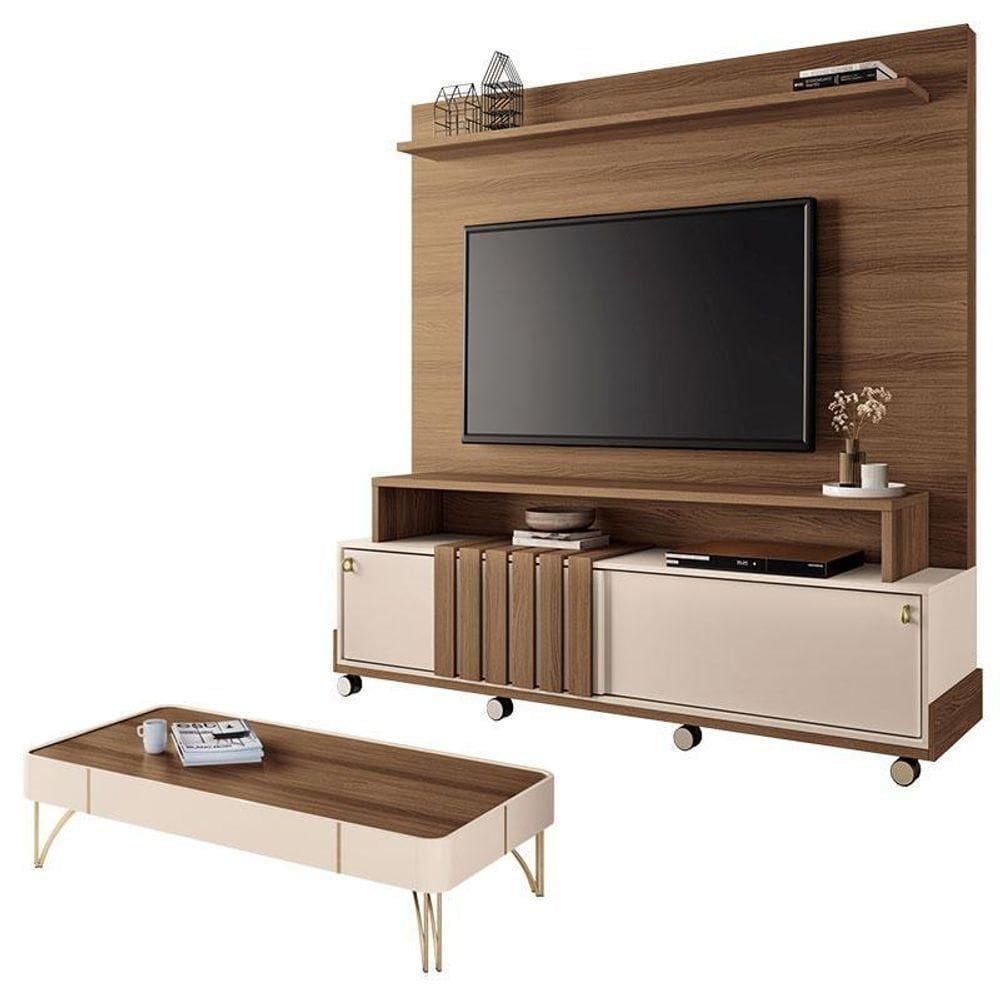 Estante Home Theater Bold E Mesa De Centro Cadenza Castanho Off White – Hb Móveis