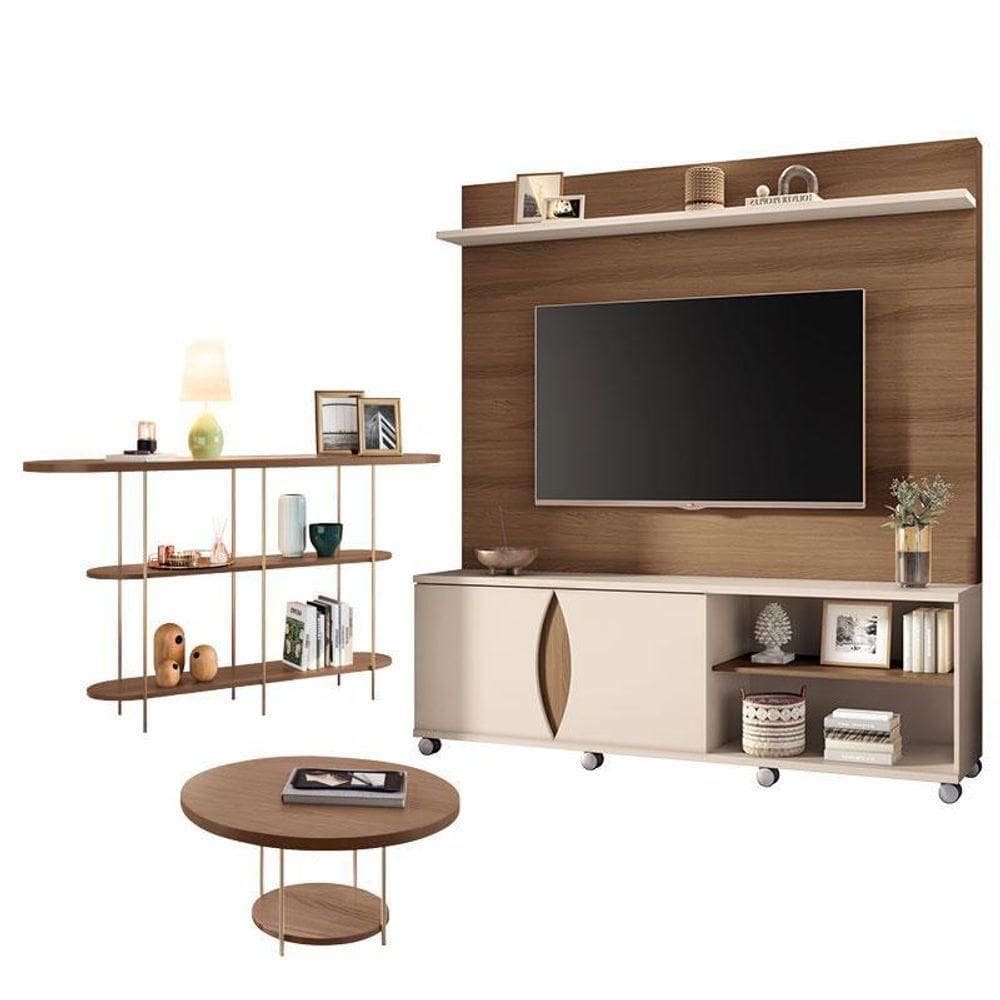 Estante Home Theater Luxor Castanho Off White E Aparador Infinity E Mesa De Centro Sky Castanho- Hb Móveis