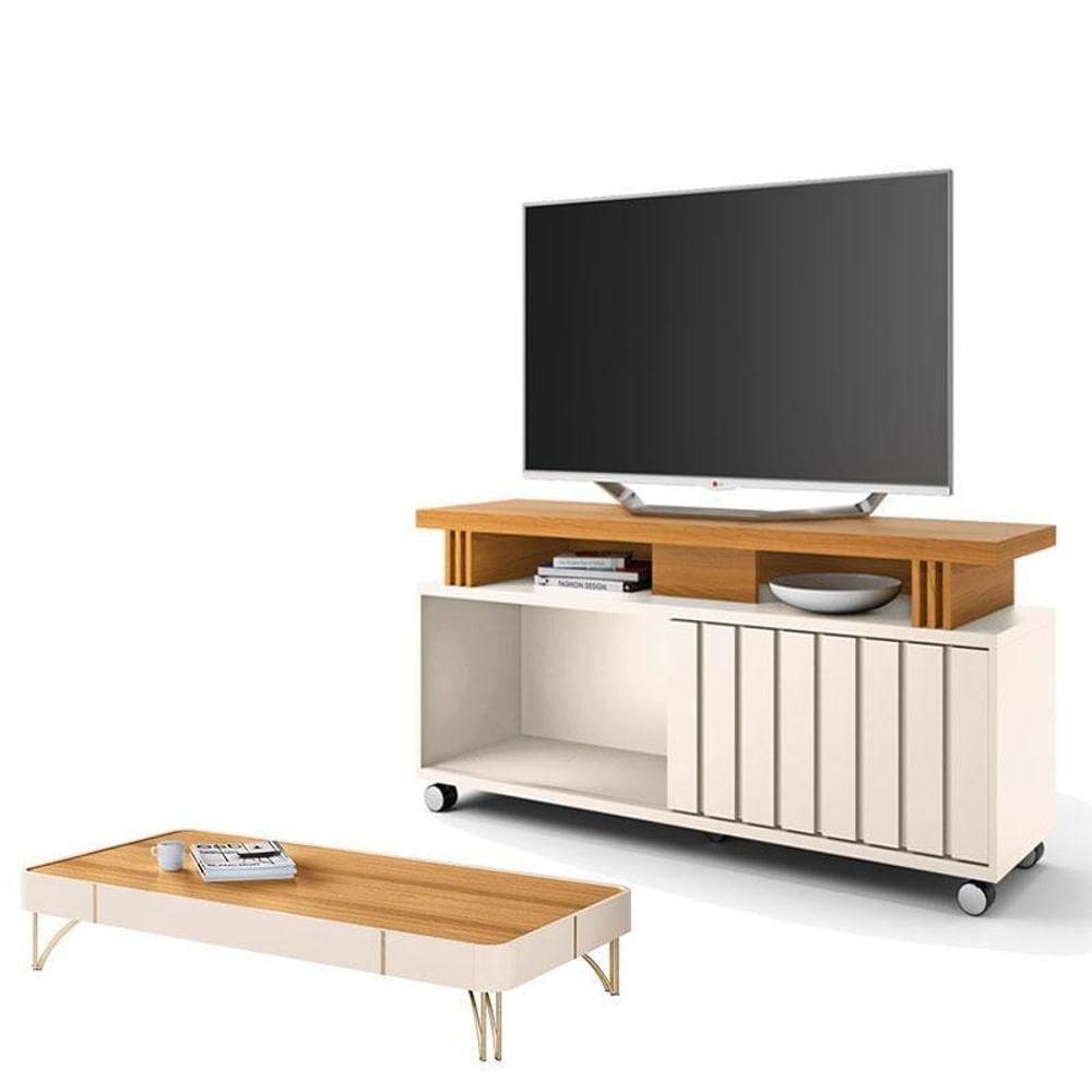 Rack Bancada Rivera Com Mesa De Centro Cadenza Off White Cinamomo – Hb Móveis