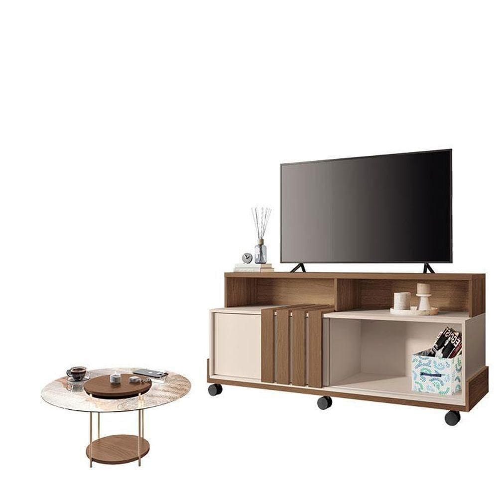 Rack Bancada Graci Com Mesa De Centro Sky Com Tampo De Vidro Castanho Off White – Hb Móveis