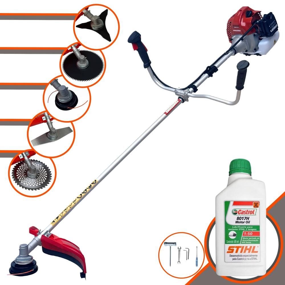 Roçadeira À Gasolina Kawashima BCJ431-L Multifunções 12000rpm 43cc 1,7HP Completa Com 5 Opções de Cortes, Carretel e Kit 4 Facas + ÓLEO STIHL 8017