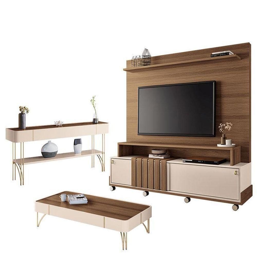 Estante Home Theater Bold E Aparador Vivant E Mesa De Centro Cadenza Castanho Off White – Hb Móveis