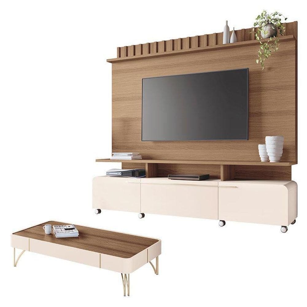Estante Home Theater Artís E Mesa De Centro Cadenza Off White Castanho – Hb Móveis