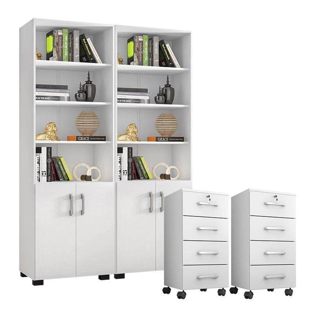 Kit 2 Gaveteiros Para Escritório Gávea Com Chave E 2 Livreiros Office Com Portas Pequenas Branco Fosco – Móveis Leão