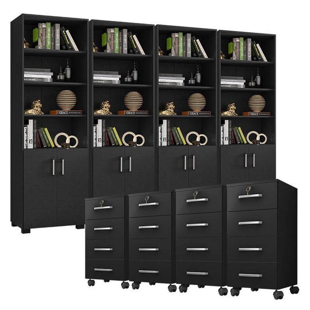 Kit 4 Gaveteiros Para Escritório Gávea Com Chave E 4 Livreiros Office Portas Pequenas Preto Fosco – Móveis Leão