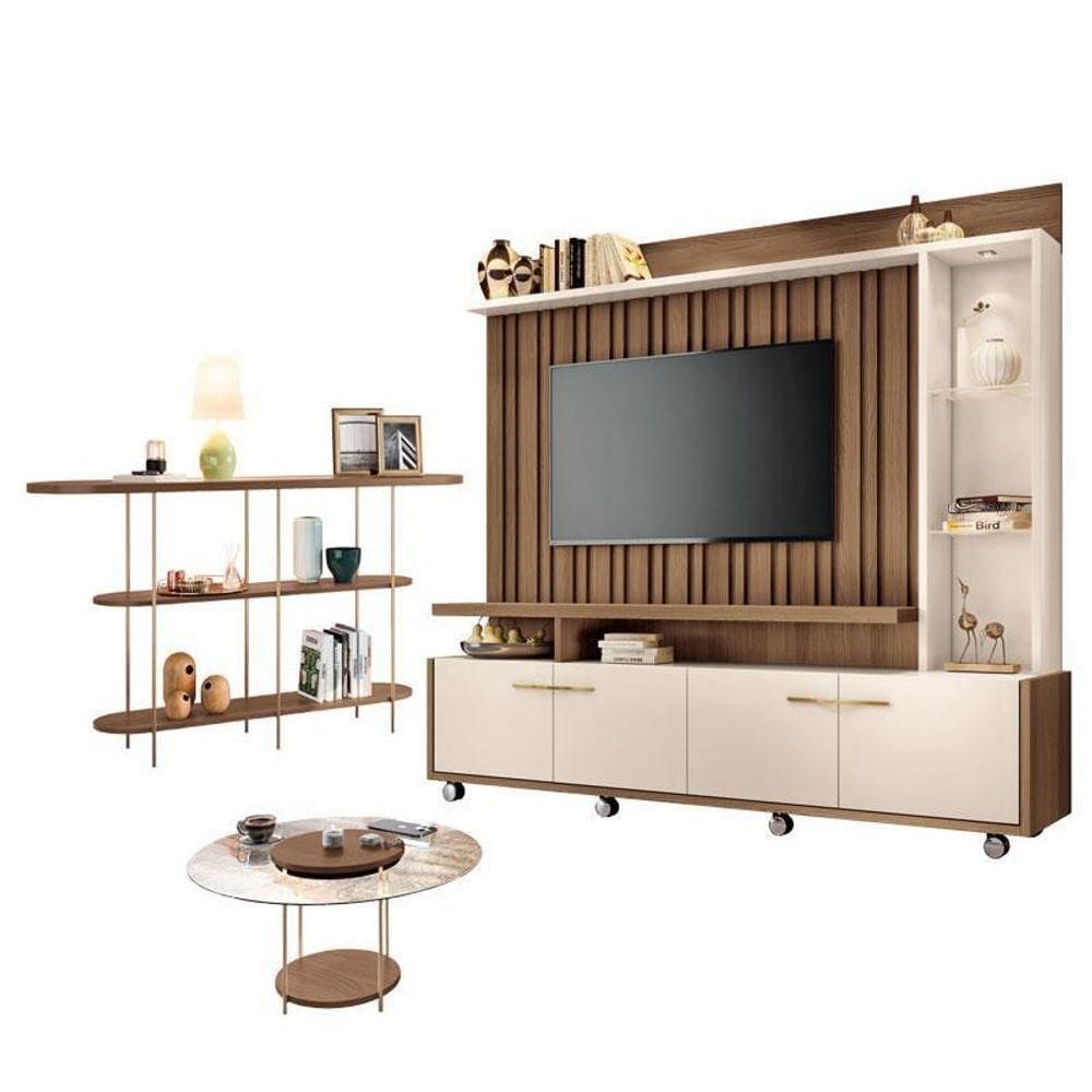 Estante Home Theater Titan Off White Castanho E Aparador Infinity Castanho - Hb Móveis