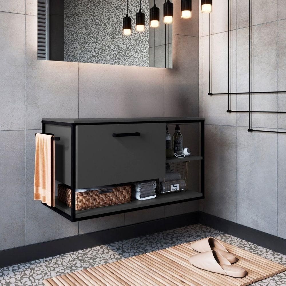 Gabinete Para Banheiro Industrial Suspenso Com Porta Basculante Grafite
