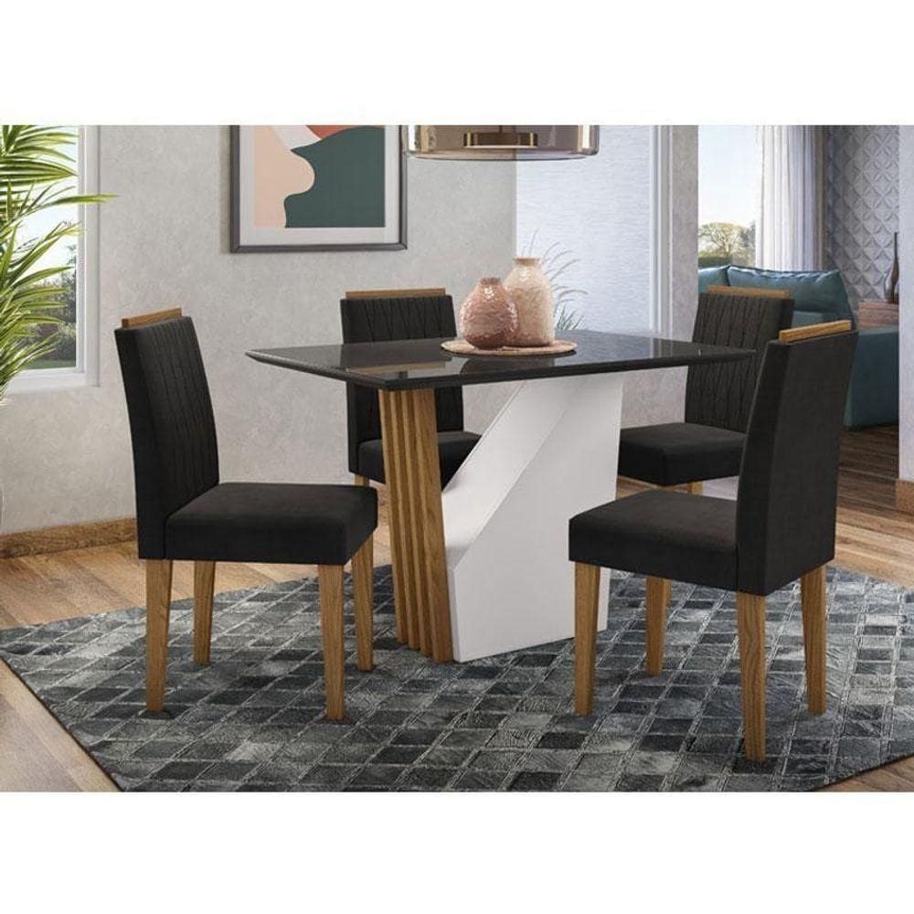 Mesa De Jantar Ambiente Veneza 120x80 Cm Com Vidro Ype Preto E 4 Cadeiras Ana Ype Veludo Preto – New Ceval