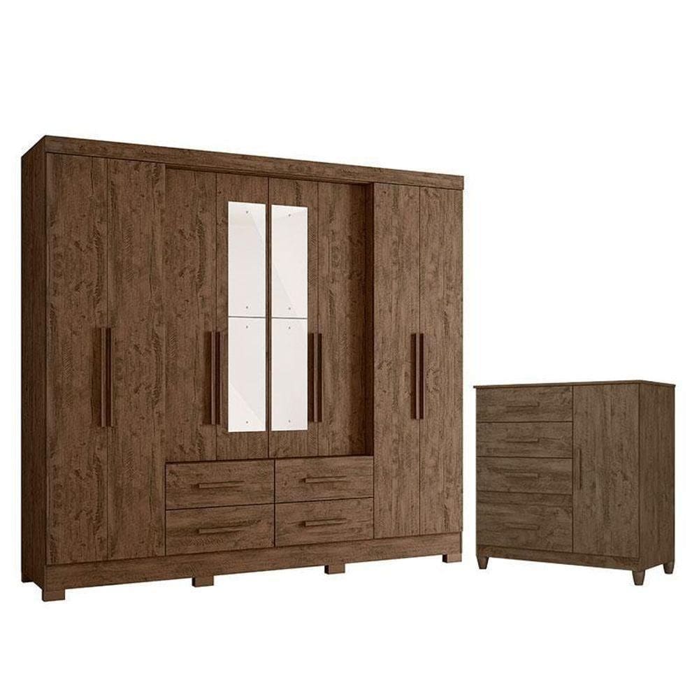 Guarda Roupa Casal San Lorenzo Com Espelho E Cômoda Vênus Com Pés Castanho Wood – Moval