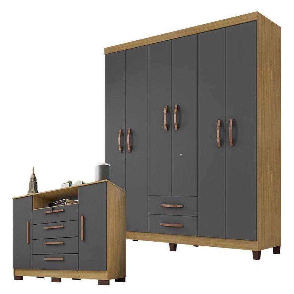 Guarda Roupa Casal Módena Com Cômoda Madri Carvalho Americano Grafite – Incorplac