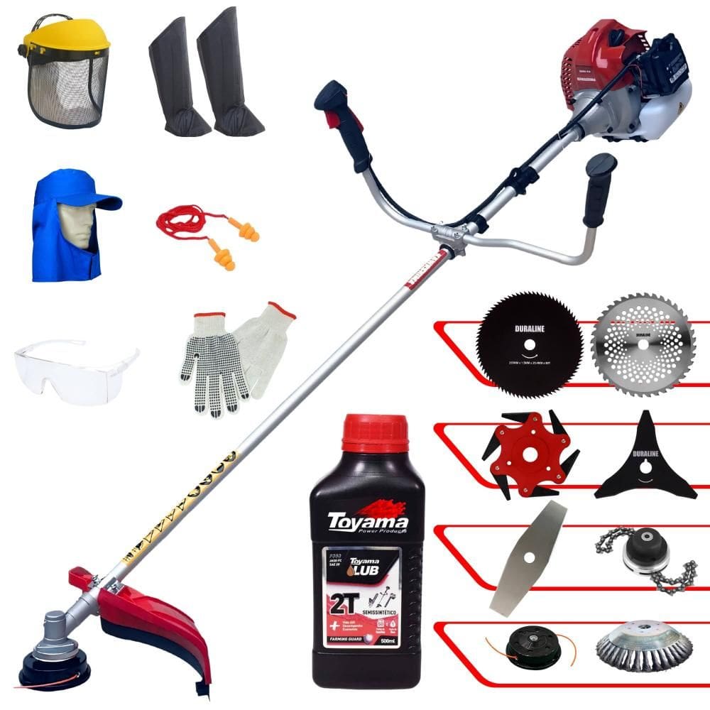 Roçadeira Kawashima BCJ431L 43cc 1,7HP + Facas 2 Pontas, 3 Pontas, 6 Pontas, 40 Dentes Vídea, 80 Dentes, Trimmer e Escova de Aço + EPI + ÓLEO TOYAMA