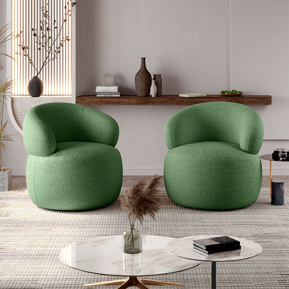 Conjunto 2 Poltronas Orgânica Atemporal Base Giratória Eloah Bouclé Italiano Verde Selva