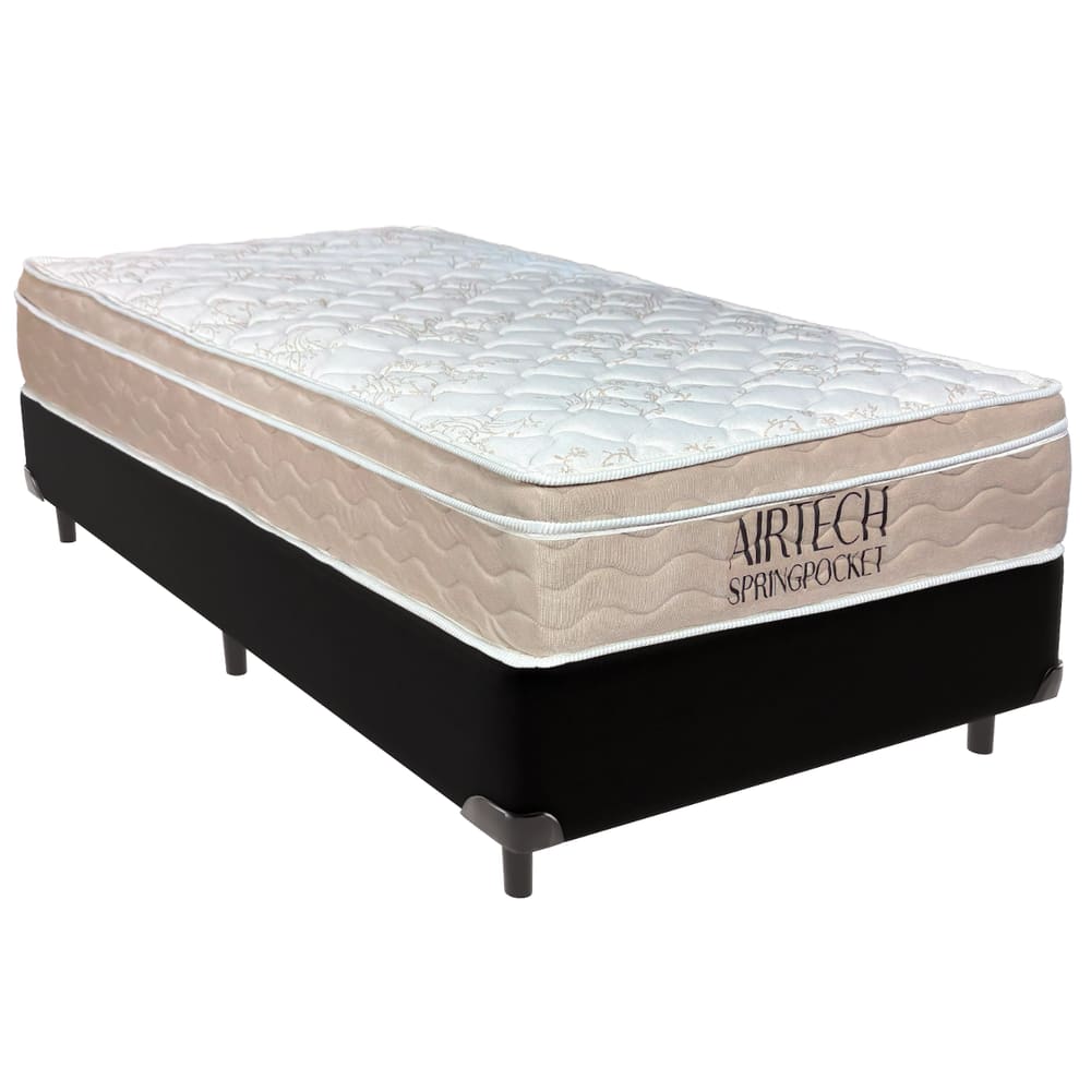Cama Box Solteiro Preto+Colchão Airtech Molas Ortobom