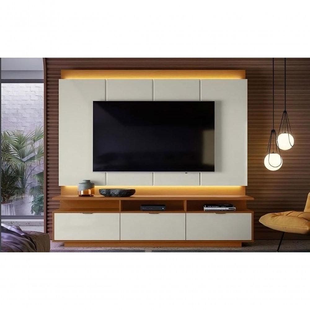 Conj. Bancada Marrocos Com Painel P/ Tvs Até 75” 3 Portas - Jequitiba/off White Perolizado - Lukaliam