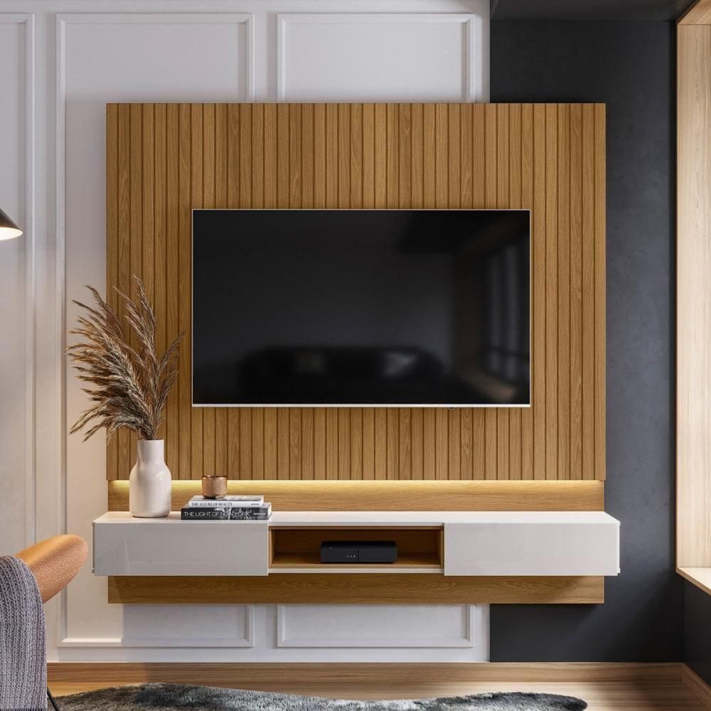 Painel Paris Painel Para Tvs Até 70 Polegadas 2 Gavetas Freijo Ripado Off White Perolizado Lukaliam
