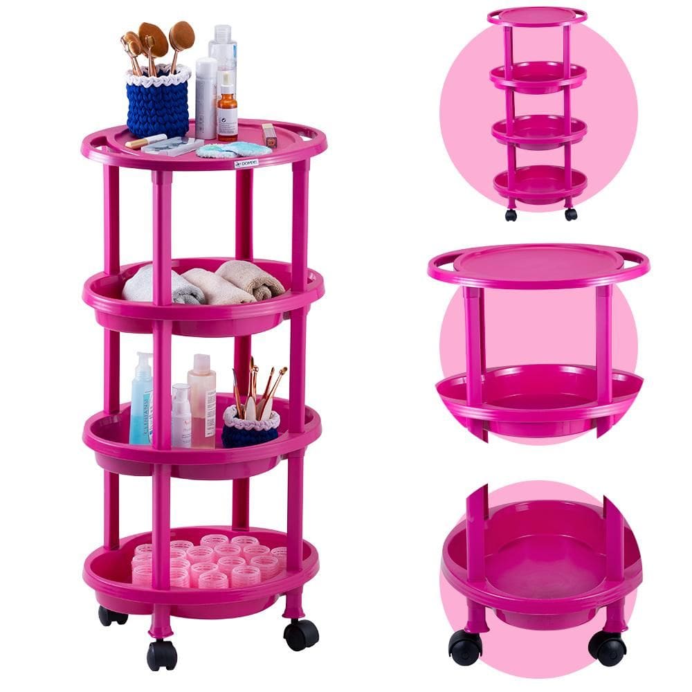 Carrinho Auxiliar Manicure com 3 Bandejas Dompel Clean Rosa