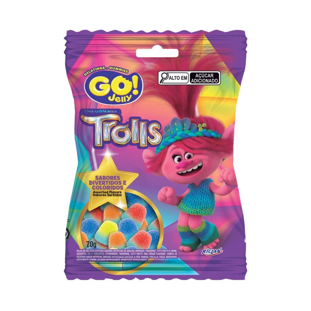 Bala de Gelatina Go Jelly Trolls Sabores Divertidos e Coloridos 70g