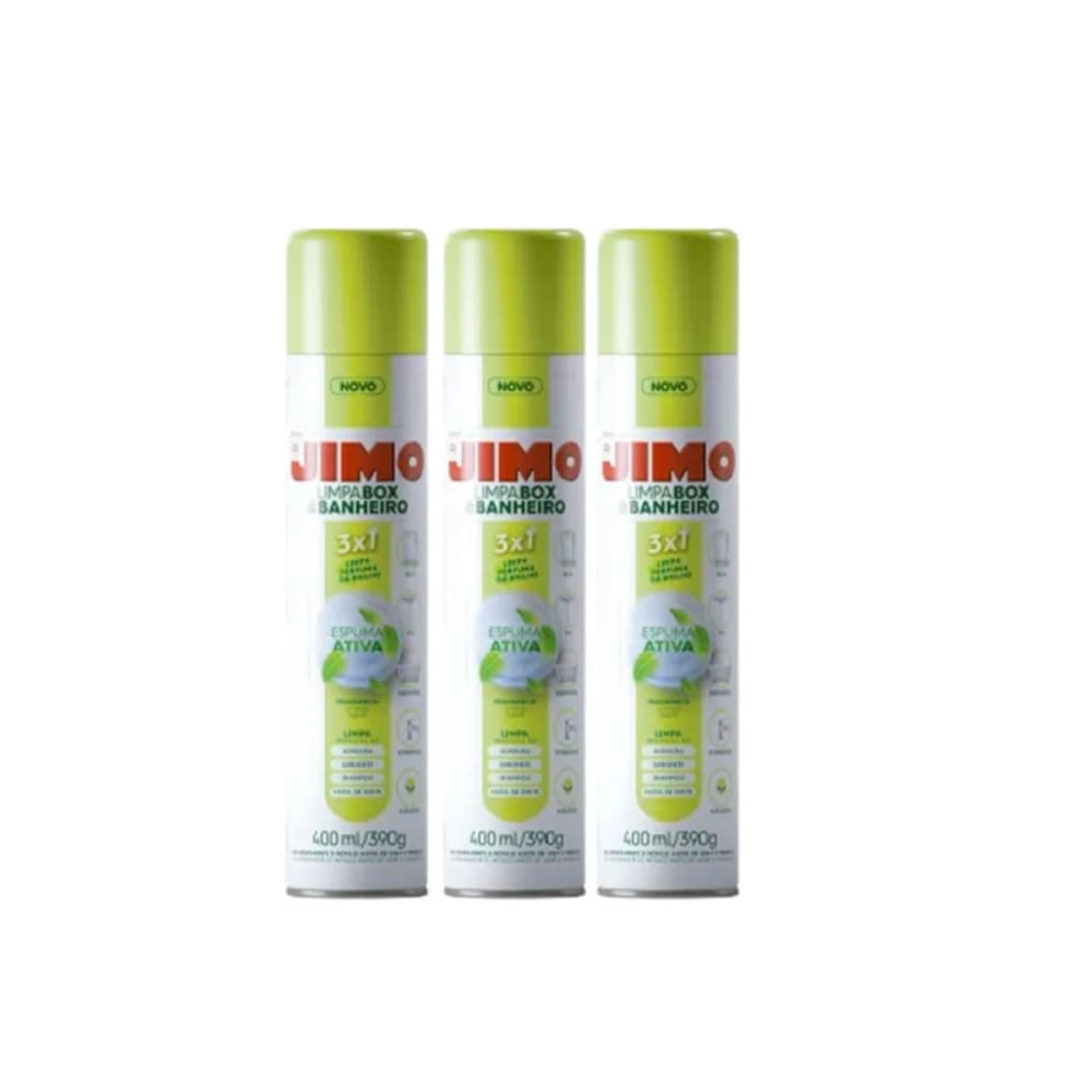 Kit 3 Limpa Box e Banheiro Jimo - Limpa Perfuma e dá Bilho, Espuma Ativa 400 ml cada