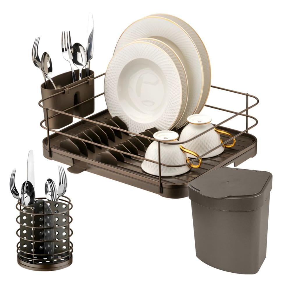 Kit Cozinha Lixeira 2,5L + Porta Talher + Escorredor De Louça Bandeja Cor Café - Future