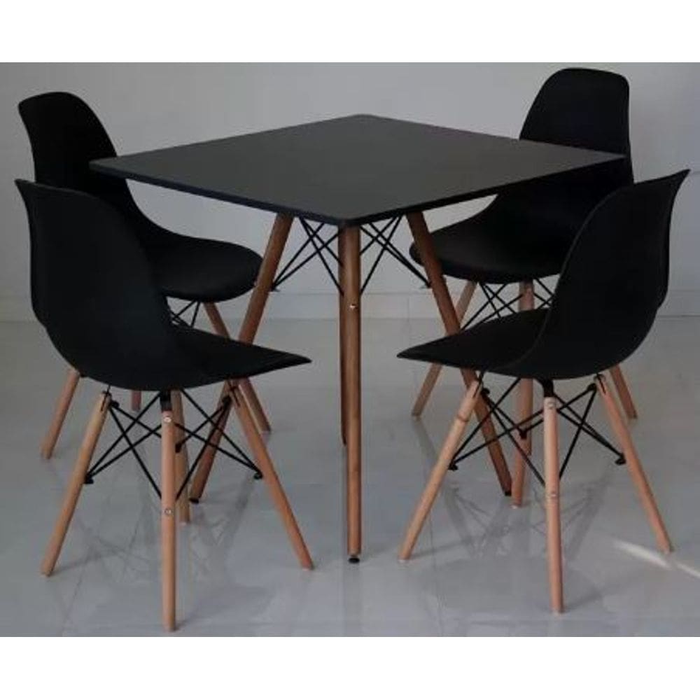 Conjunto de Mesa de Jantar Eames Eiffel Quadrada 90cm Tampo de Madeira Preto com 4 Cadeiras Pretas