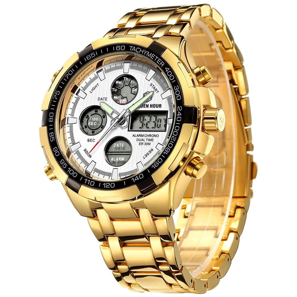 Relógio digital analógico de luxo em aço inoxidável GOLDEN HOUR para homens