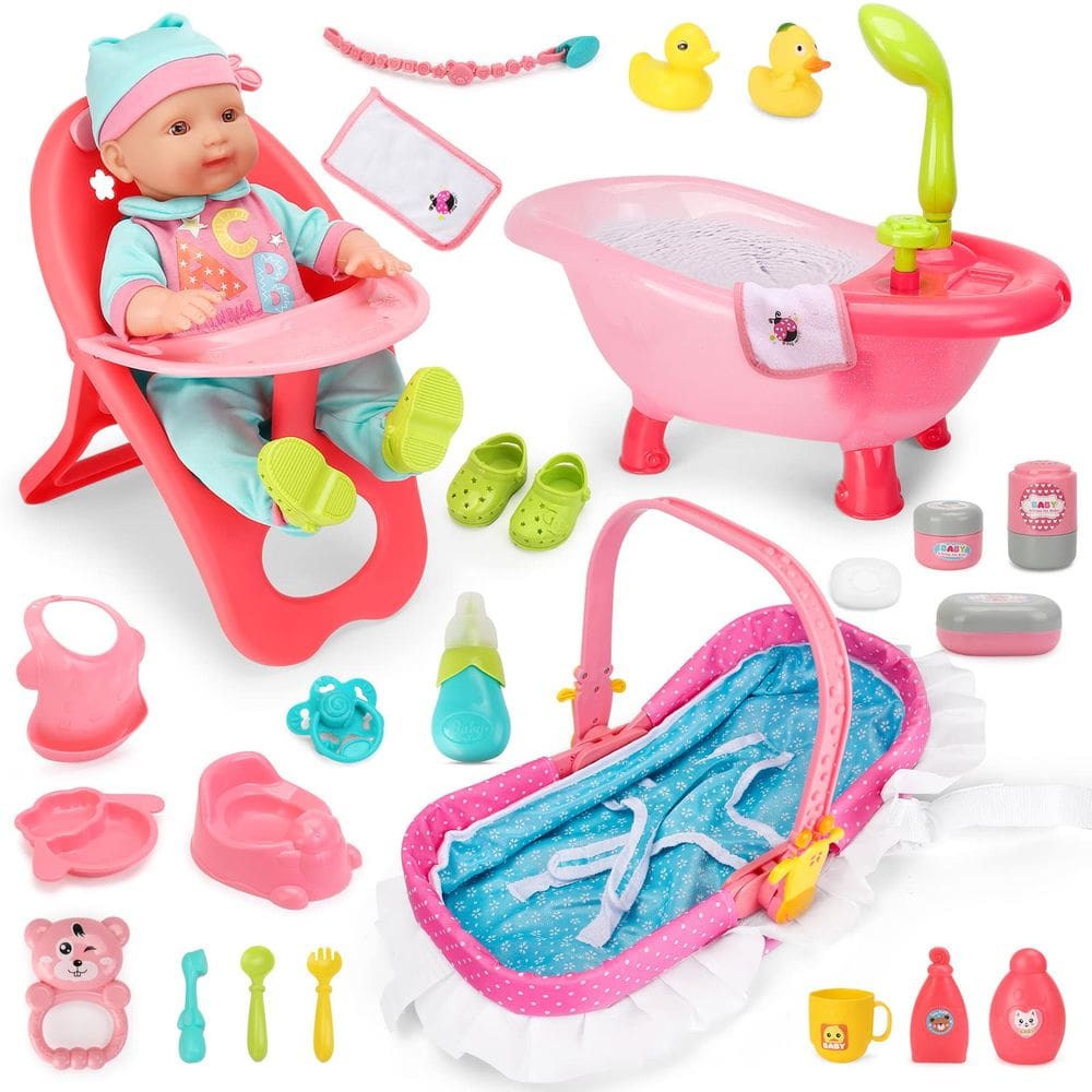 Conjunto de bonecas DeAo, 25 peças com cadeira alta, banheira, berço e acessórios