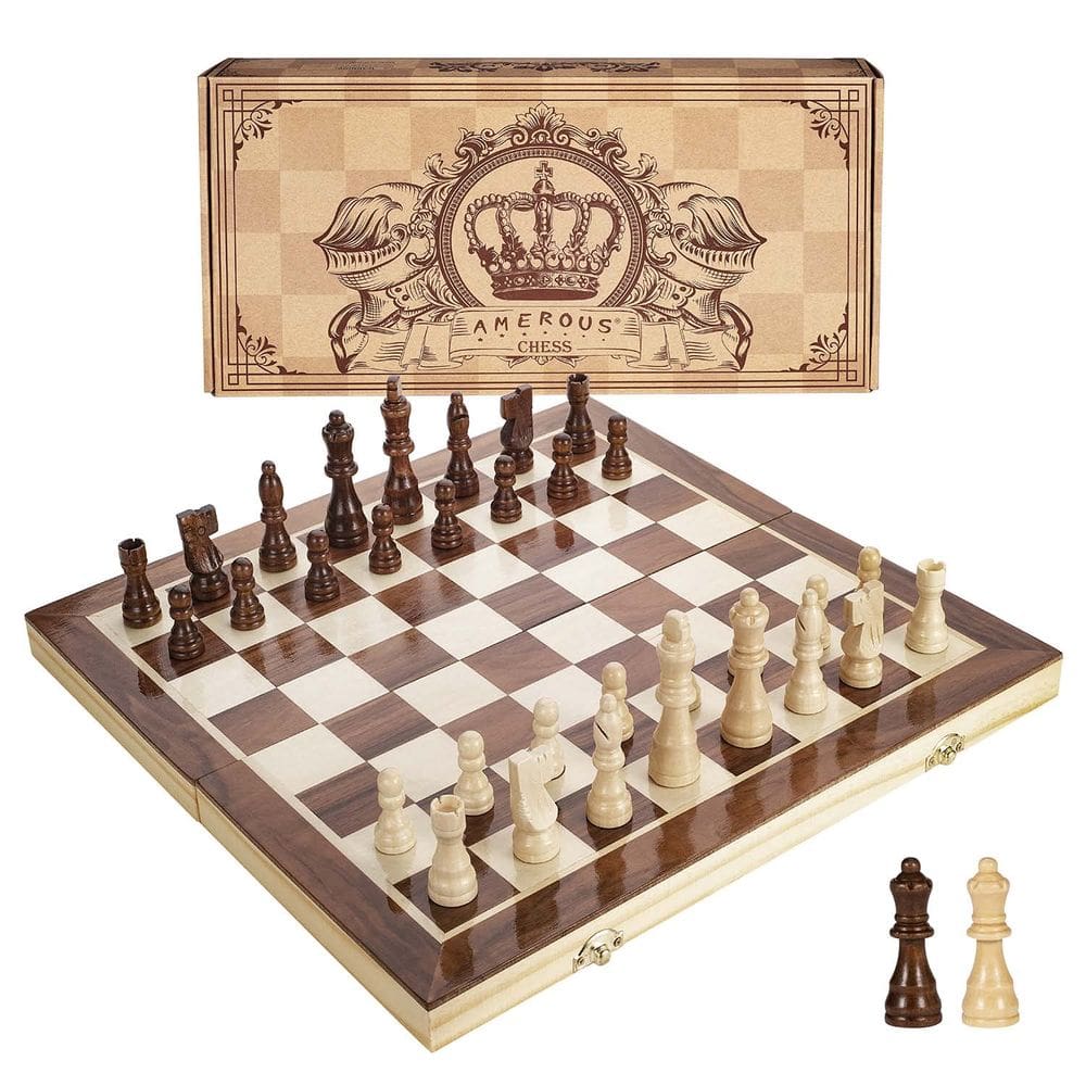 Conjunto de xadrez AMEROUS Magnetic Wooden 38cm com 2 rainhas extras