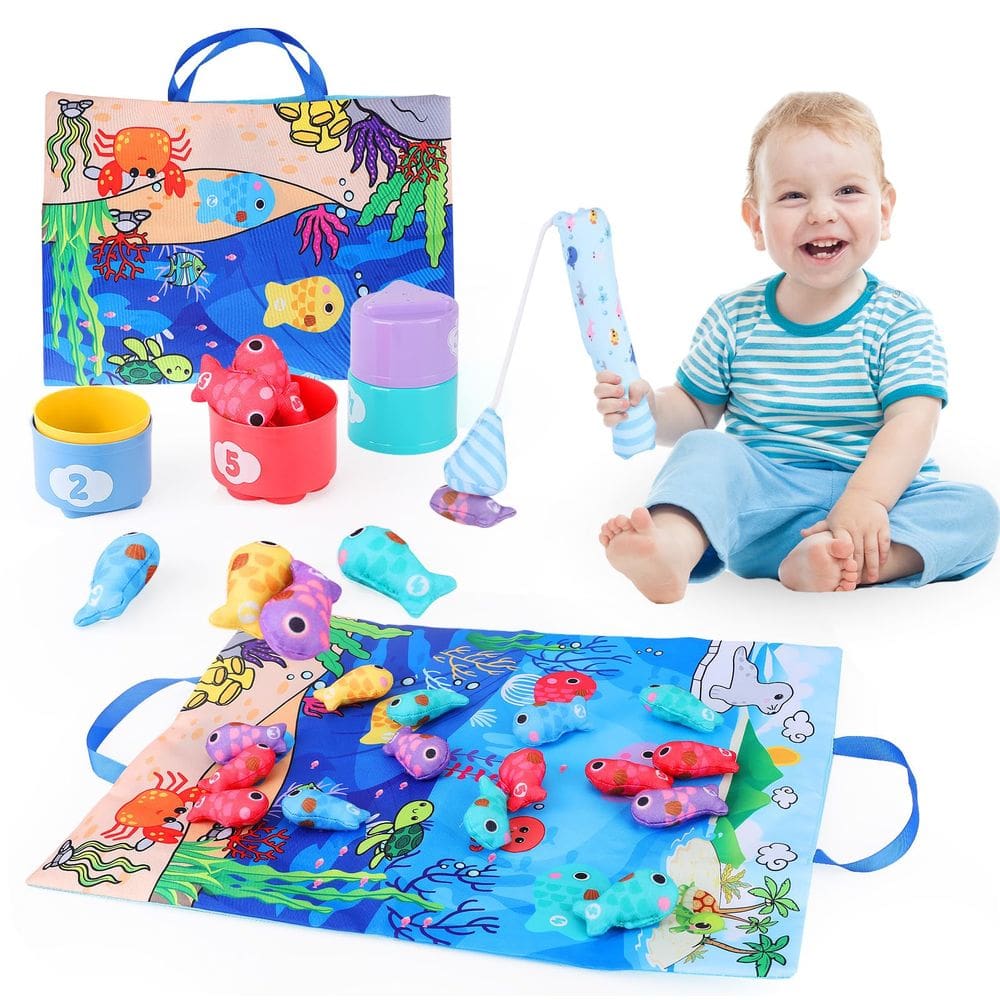 Conjunto de jogos de pesca e copos empilháveis de tecido de brinquedo para crianças de 1 a 3 anos